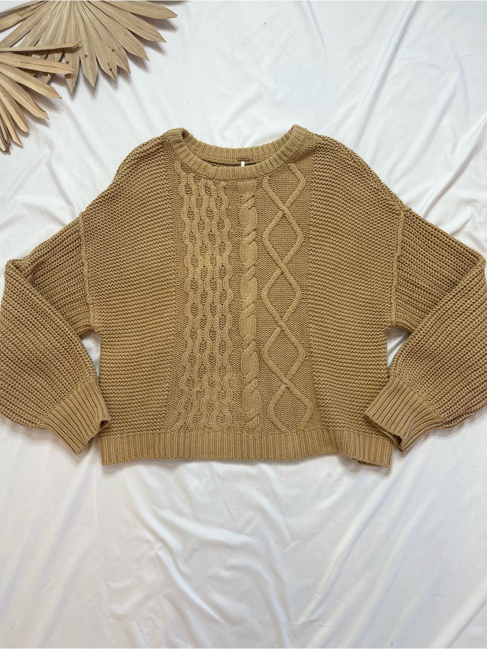 Free People Dream Cable Knit Camel Tan Beige Oversized Knit Sweater Size XL